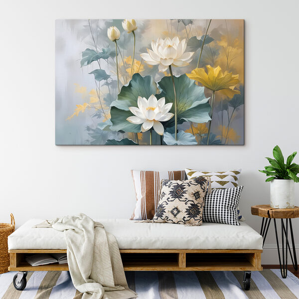 Schilderij van witte bloemen en groene bladeren Canvas Schilderijen Schilderij van witte bloemen en groene bladeren