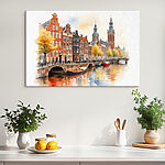 Canvas Schilderijen Aquarel van een kanaal met boten en gebouwen