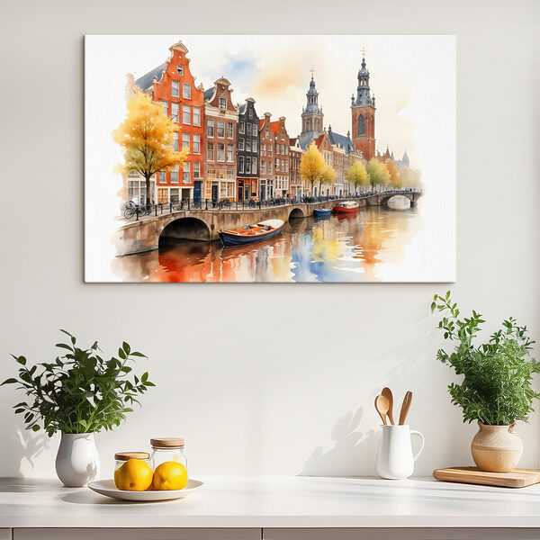 Aquarel van een kanaal met boten en gebouwen Canvas Schilderijen Aquarel van een kanaal met boten en gebouwen