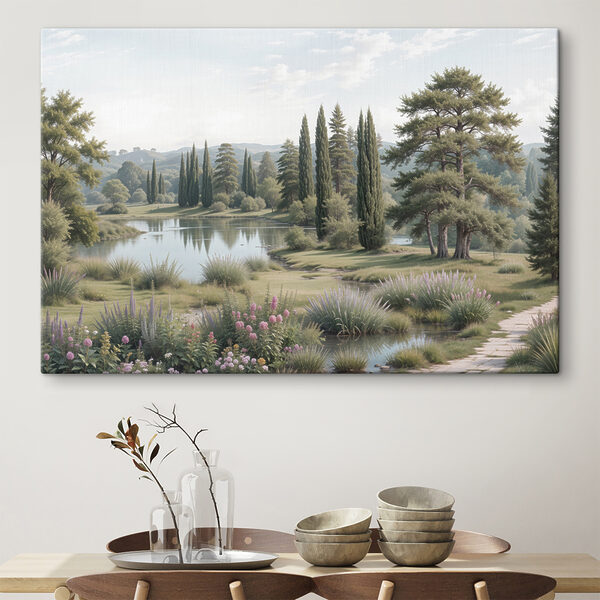 Meer met bomen en gras en bloemen Canvas Schilderijen Meer met bomen en gras en bloemen
