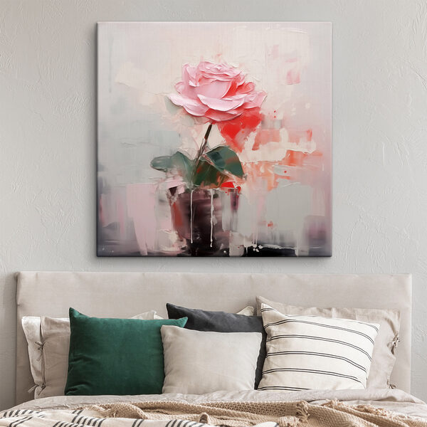 Schilderij van een roze roos in een pot Canvas Schilderijen Schilderij van een roze roos in een pot