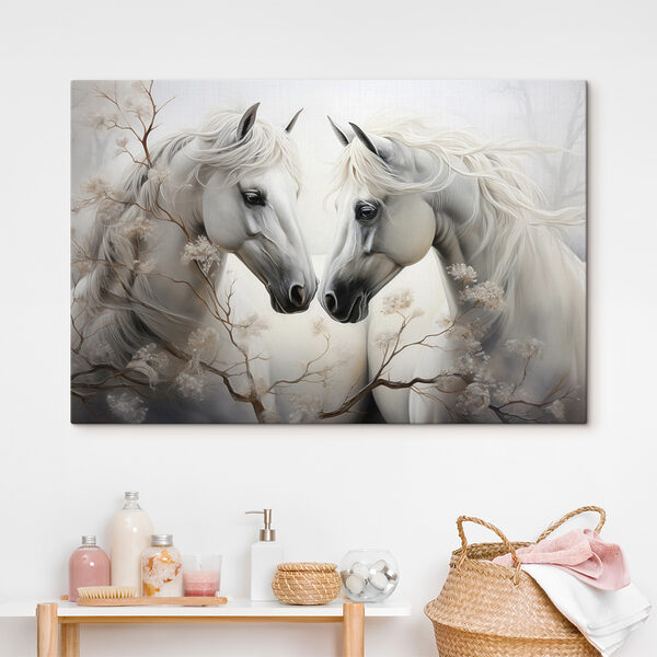 Twee witte paarden met lange manen Canvas Schilderijen Twee witte paarden met lange manen