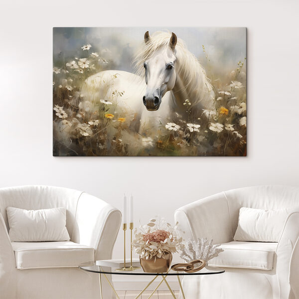 Wit paard in een bloemenveld Canvas Schilderijen Wit paard in een bloemenveld