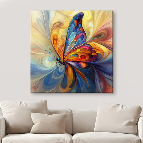 Kleurrijke vlinder met gele en blauwe achtergrond Canvas Schilderijen Kleurrijke vlinder met gele en blauwe achtergrond