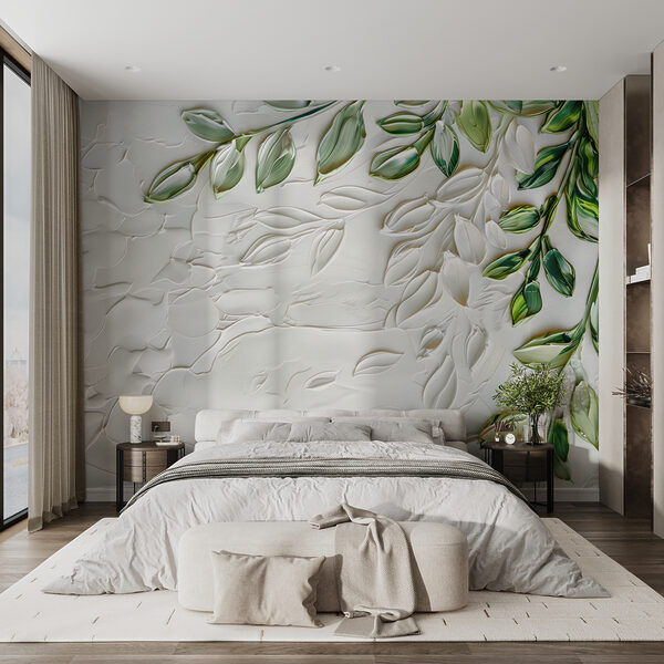 Wit oppervlak met groene bladeren Fotobehang Wit oppervlak met groene bladeren