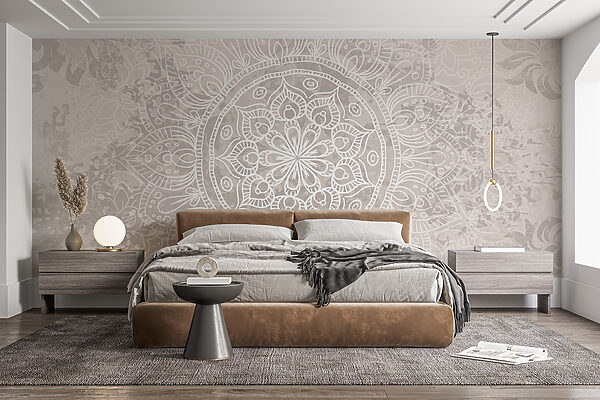 Witte en grijze mandala Fotobehang Witte en grijze mandala