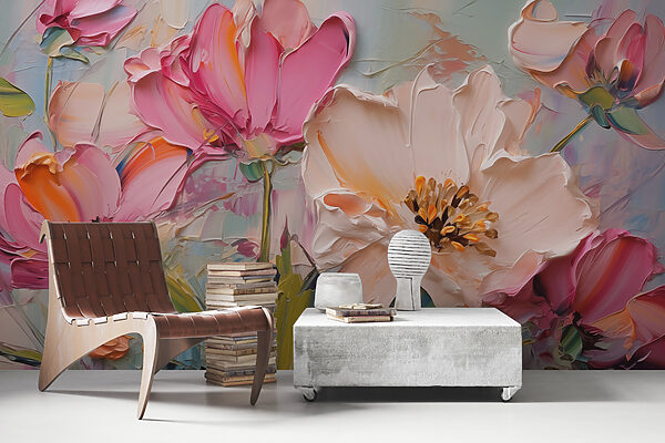 Fotobehang Fotobehang Schilderij van bloemen op een doek (Artikelnummer: w01039)