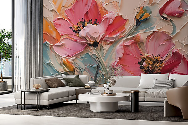 Schilderij van bloemen op een doek Fotobehang Schilderij van bloemen op een doek