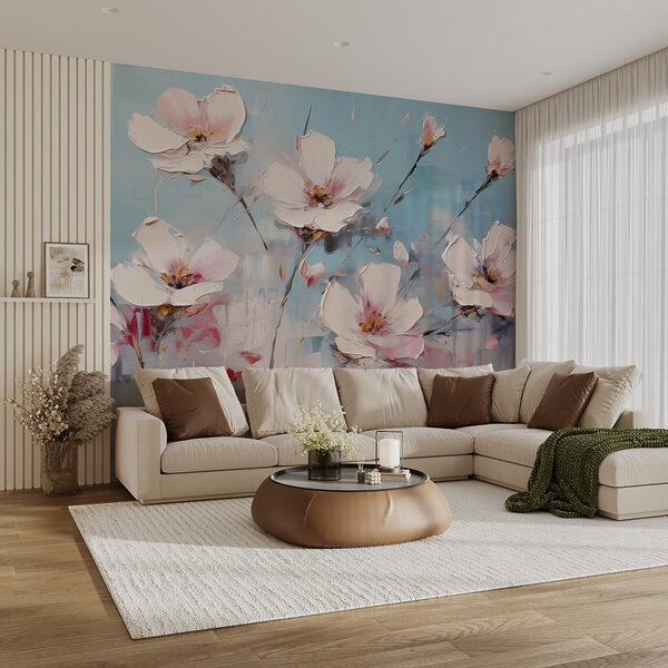 Schilderij van bloemen op een blauwe achtergrond Fotobehang Schilderij van bloemen op een blauwe achtergrond