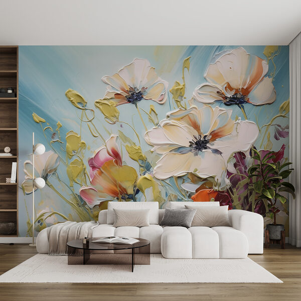 Schilderij van bloemen op een blauwe achtergrond Fotobehang Schilderij van bloemen op een blauwe achtergrond