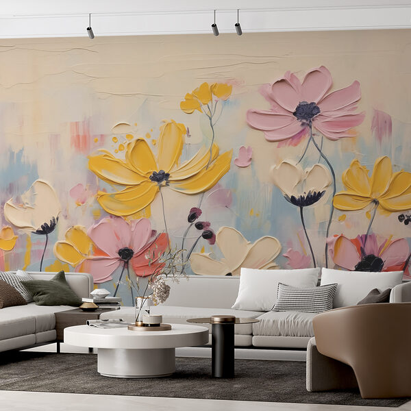 Schilderij van bloemen op een wit oppervlak Fotobehang Schilderij van bloemen op een wit oppervlak