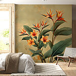 Fotobehang Plant met oranje bloemen en bladeren