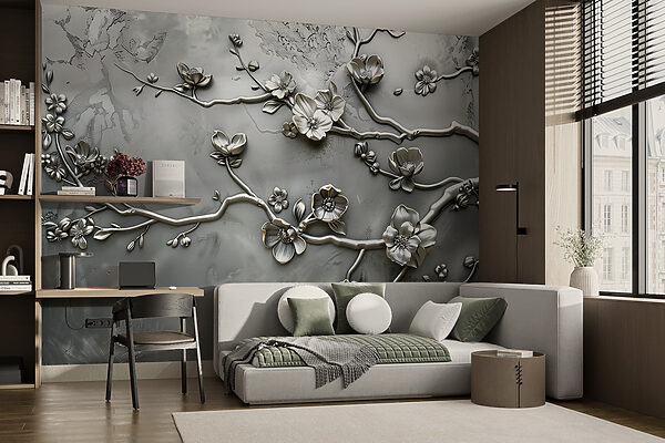 Fotobehang Fotobehang Zilveren bloemmotief op een muur (Artikelnummer: w01432)