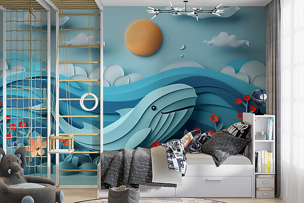 Papieren uitsnede van een walvis in de oceaan Fotobehang Papieren uitsnede van een walvis in de oceaan