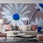 Fotobehang Groep witte bloemen met blauw hart