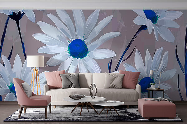 Groep witte bloemen met blauw hart Fotobehang Groep witte bloemen met blauw hart