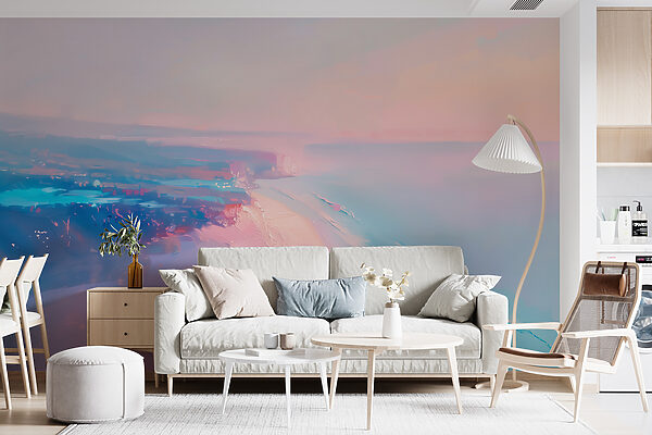Strand met een roze en blauwe lucht Fotobehang Strand met een roze en blauwe lucht