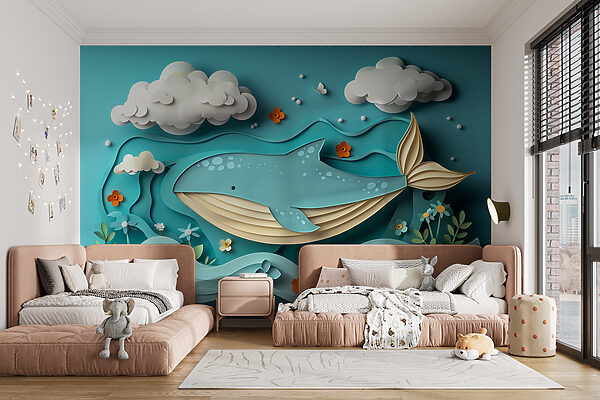 Papier gesneden walvis in de oceaan Fotobehang Papier gesneden walvis in de oceaan