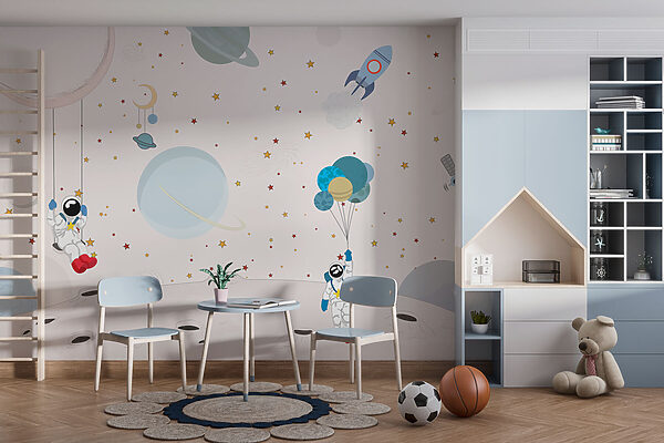 Cartoon van astronauten op de maan Fotobehang Cartoon van astronauten op de maan