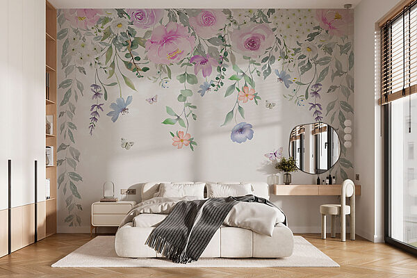Schilderij van bloemen en vlinders Fotobehang Schilderij van bloemen en vlinders
