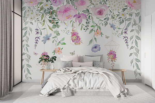 Schilderij van bloemen en vlinders Fotobehang Schilderij van bloemen en vlinders