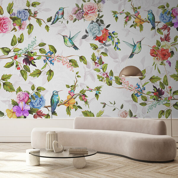 Behang met bloemen en vogels Fotobehang Behang met bloemen en vogels
