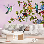 Fotobehang Schilderij van vogels op een tak met bloemen