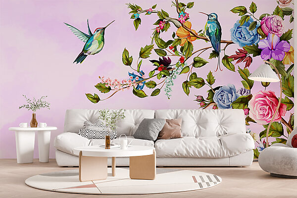 Schilderij van vogels op een tak met bloemen Fotobehang Schilderij van vogels op een tak met bloemen
