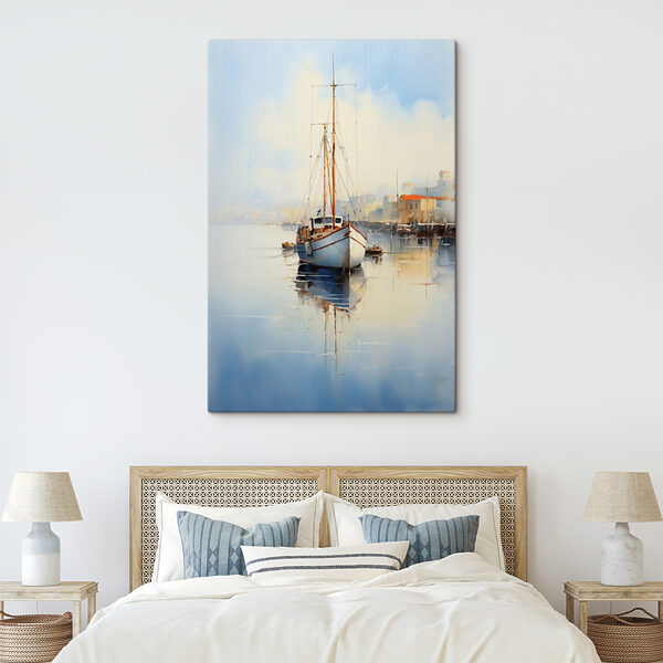 Aquarel van een boot in een haven Canvas Schilderijen Aquarel van een boot in een haven