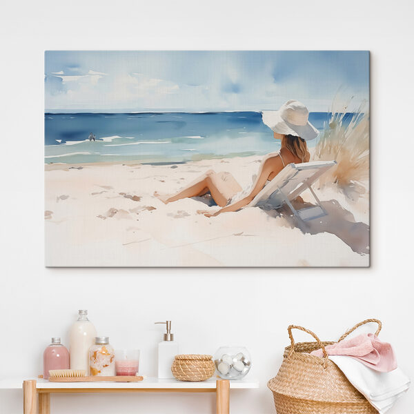 Vrouw zittend in een stoel op een strand Canvas Schilderijen Vrouw zittend in een stoel op een strand