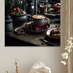 Canvas Schilderijen Kopje koffie met latte art op een bord met fruit en ontbijtgranen