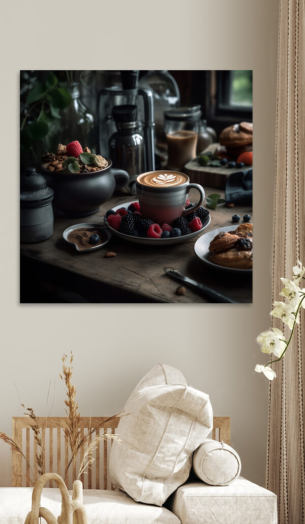 Kopje koffie met latte art op een bord met fruit en ontbijtgranen Canvas Schilderijen Kopje koffie met latte art op een bord met fruit en ontbijtgranen