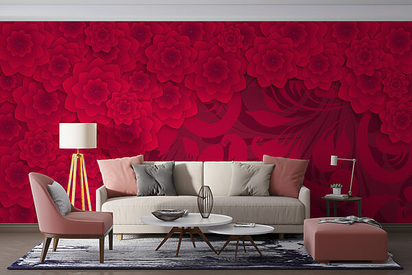 Rood bloempatroon op een rode achtergrond Fotobehang Rood bloempatroon op een rode achtergrond