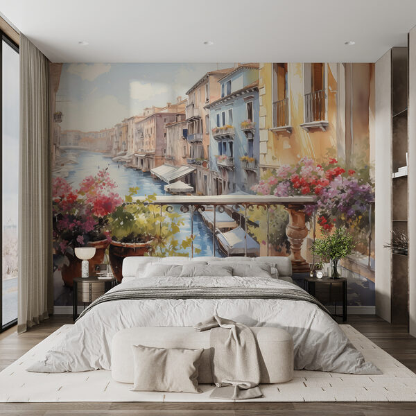 Aquarel van een rivier met een rij gebouwen en bloemen op een balkon Fotobehang Aquarel van een rivier met een rij gebouwen en bloemen op een balkon