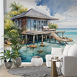 Fotobehang Aquarel van een huis op palen