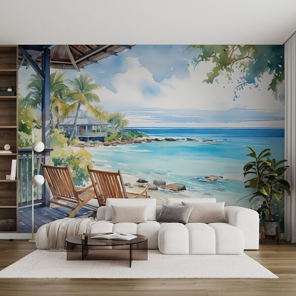 Aquarel schilderij van stoelen op een terras met uitzicht op een strand Fotobehang Aquarel schilderij van stoelen op een terras met uitzicht op een strand