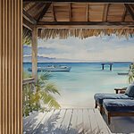 Fotobehang Aquarel van een strand met stoelen en een boot