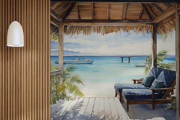 Aquarel van een strand met stoelen en een boot Fotobehang Aquarel van een strand met stoelen en een boot