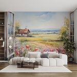 Fotobehang Schilderij van een huis en bloemen