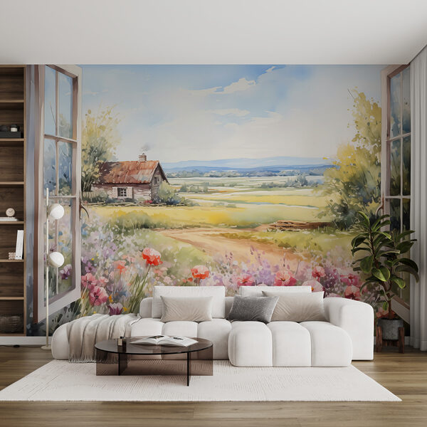 Schilderij van een huis en bloemen Fotobehang Schilderij van een huis en bloemen