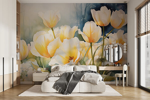 Schilderij van witte bloemen Fotobehang Schilderij van witte bloemen