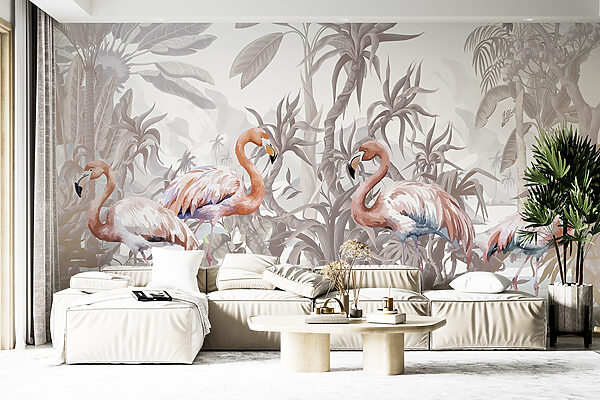 Groep flamingo's in een bos Fotobehang Groep flamingo's in een bos