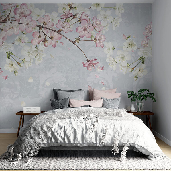 Tak met witte en roze bloemen Fotobehang Tak met witte en roze bloemen