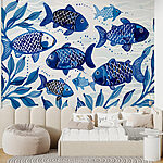 Fotobehang Groep blauwe vissen zwemmend in water