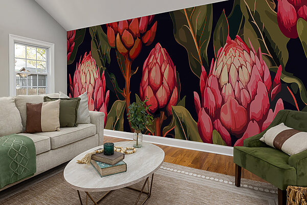 Bloeiende Protea's in levendige kleuren Fotobehang Bloeiende Protea's in levendige kleuren