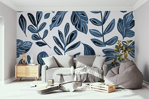 Patroon van blauwe bladeren Fotobehang Patroon van blauwe bladeren