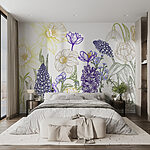 Fotobehang Groep bloemen met groene bladeren