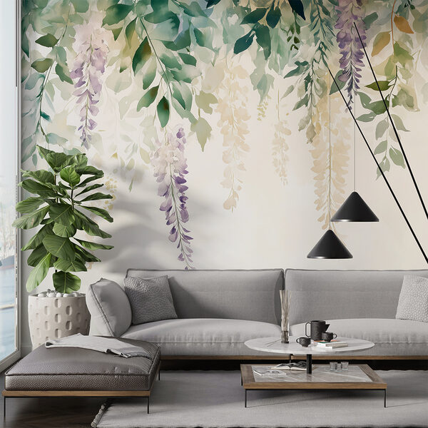 Schilderij van bloemen en bladeren Fotobehang Schilderij van bloemen en bladeren