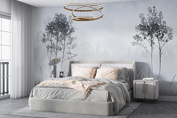 Fotobehang Mistig landschap met bomen en gras