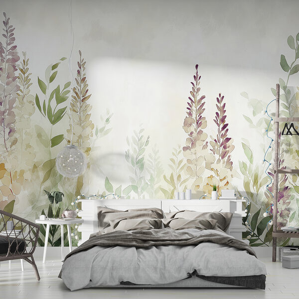 Schilderij van bloemen en bladeren Fotobehang Schilderij van bloemen en bladeren